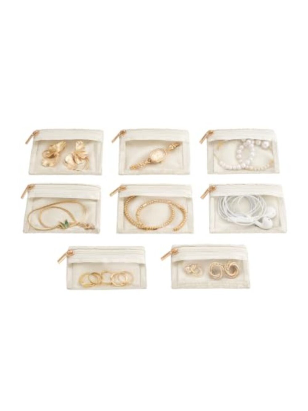8 Pc Clear Velvet Lined Jewelry Pouch Set Zippered Travel Storage Bags